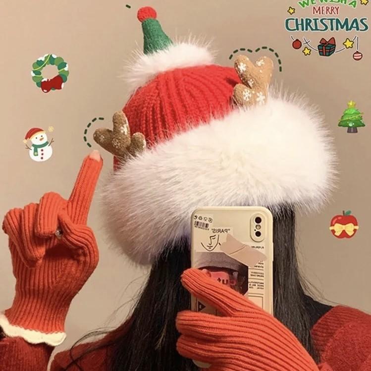 Christmas hat funny antlers knitted hat children's fleece thickened thermal ear protection hat atmosphere versatile wool hat