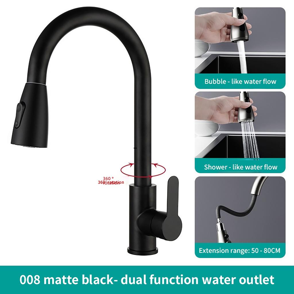 Stainless Steel Pull-out Kitchen Faucet with 360° Rotating Bubbling Water + Shower Dual Outlet Mode (brushed/black Available)