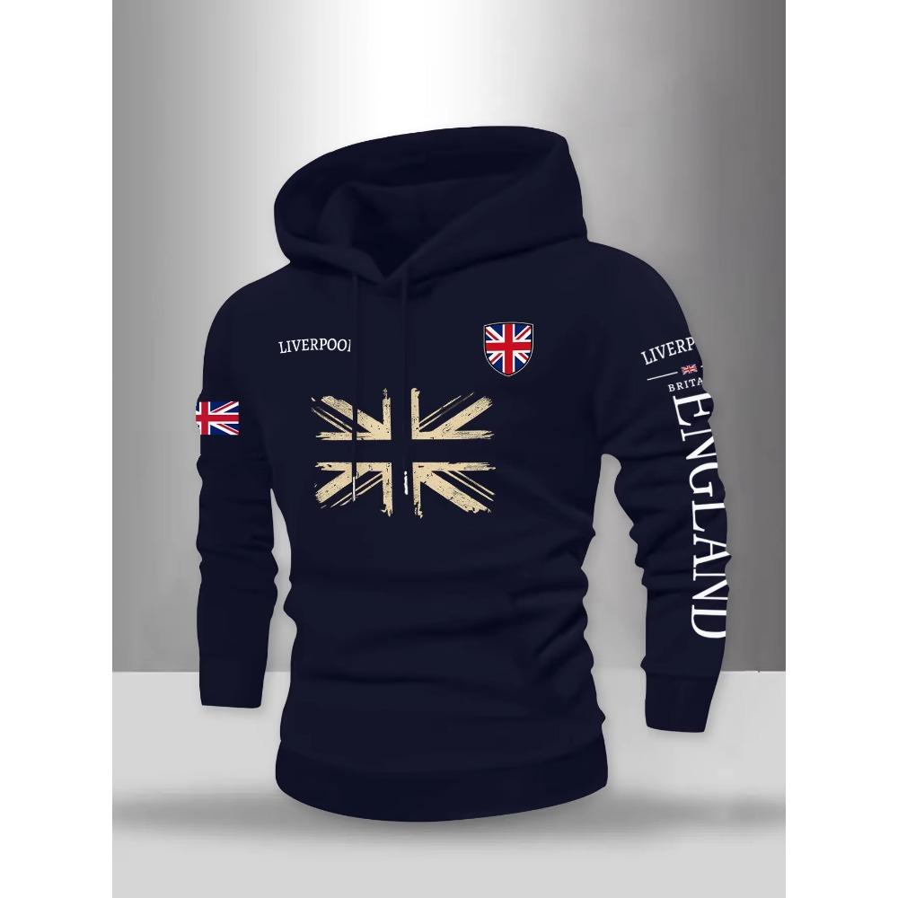 Мужская осенне-зимняя толстовка с капюшоном Принт Union Jack Liverpool Пуловер Пуловер Толстовка с принтом Толстовки Мода Оверсайз Унисекс Уличная одежда Модная