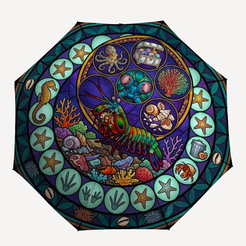 Ocean Life Glass pattern umbrella, portable and foldable design, 8 ribs, a casual accessory for Halloween, Christmas, and birthday gifts.