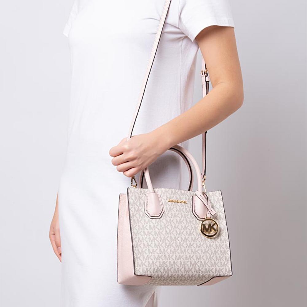 Michael Kors MK Mercer Classic Monogram Color Block Кожаная Сумка-гармошка на плечо Crossbody Средняя Женские сумки 35S1GM9M2B-POWDER-BLUSH