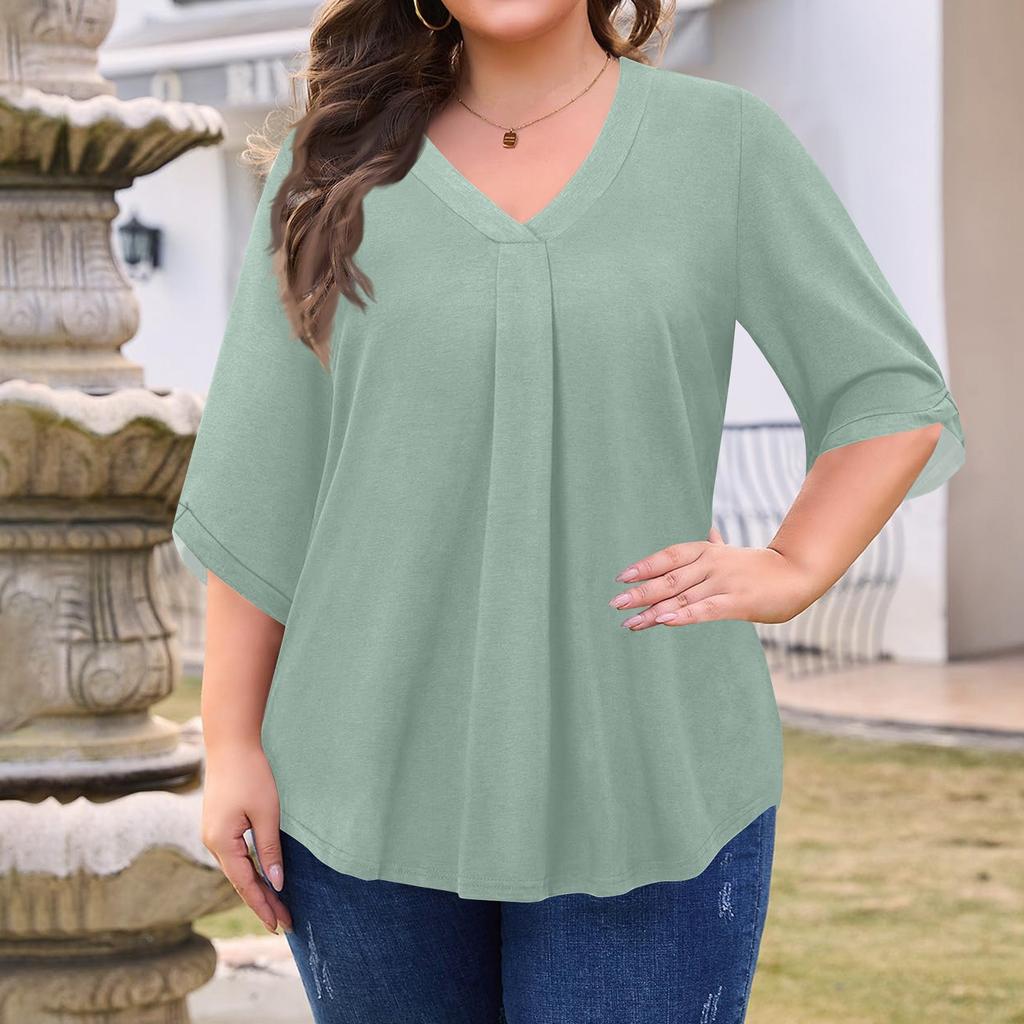 Women's Fashion Large Size Solid Color V-Neck Three-quarter Sleeve Top