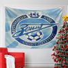 Circular Badge with Blue Lettering, Ship, and Soccer Ball On Light Blue. Patterned Tapestry for Bedroom and Living Room Home Decor