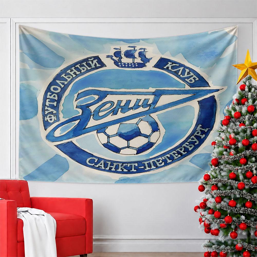 Circular badge with blue lettering, ship, and soccer ball on light blue. Patterned tapestry for bedroom and living room home decor