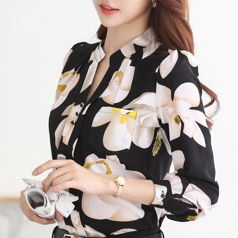 SURWENYUE Autumn Fashion Women Blouse Long Sleeve Chiffon Slim Femal White Black Print Blouse