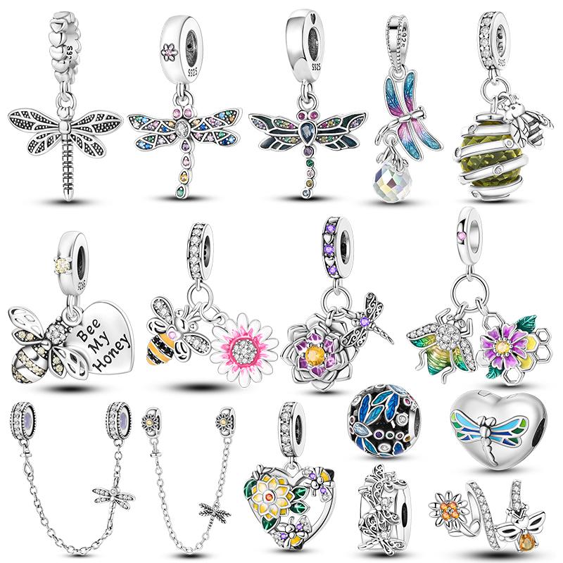 Dragonfly Charm 925 Silver Original Bee Safety Chain Sparkle Zircon Clip Charms Fit Bracelet DIY Jewelry For Women Wedding Gift