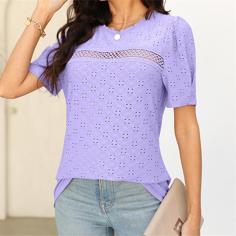 Летняя женская кружевная лоскутная блузка с коротким рукавом розового и белого цвета, повседневная женская пуловер с круглым вырезом, топ