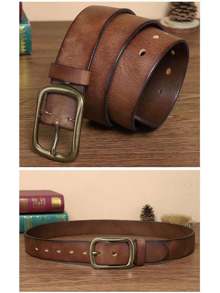 Мужской модный ретро-ремень из кожи ручной работы с медной пряжкой