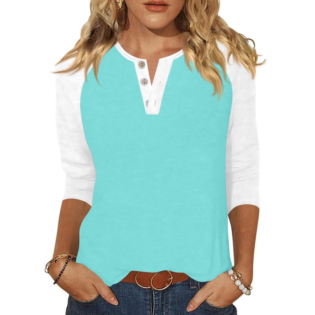 Жен. Футболка С принтом Пуговицы Рукав 3/4 Повседневные Выходные Мода Классический Классический V-образный вырез Обычный Верх