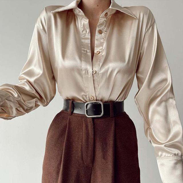 Женские 2022 элегантные атласные однотонные блузки с длинными рукавами, женские шикарные винтажные сине-зеленые повседневные свободные рубашки на пуговицах, топы