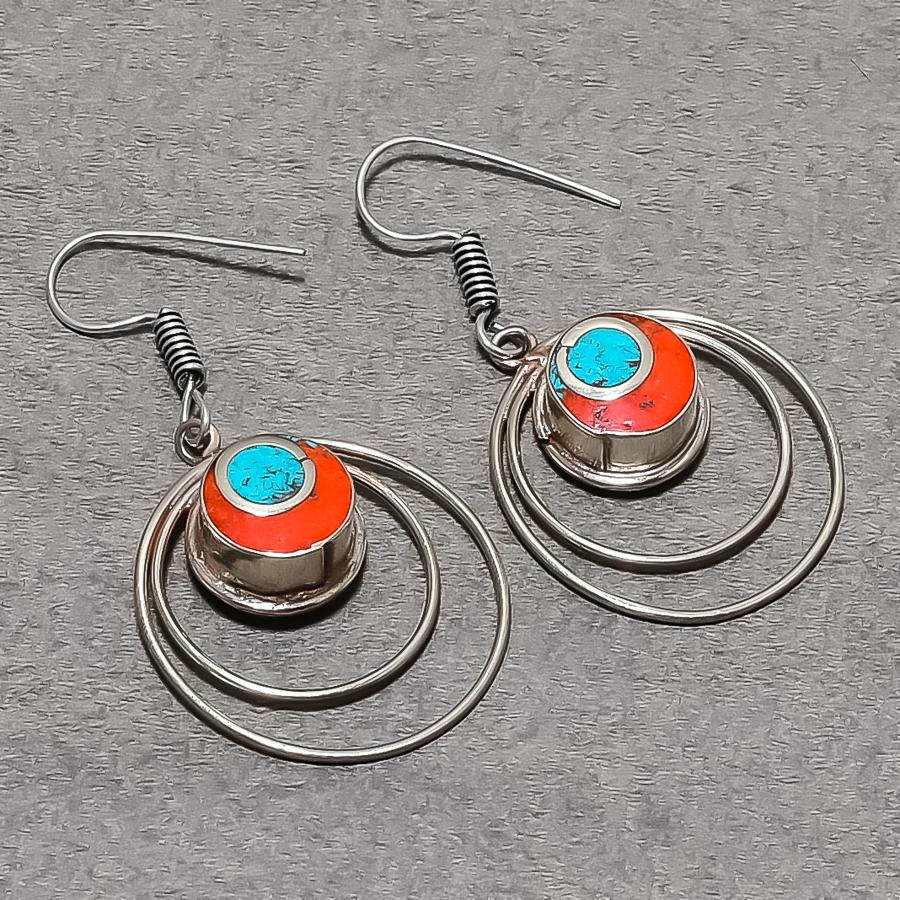 Turquoise Red Coral Gemstone Earrings Tibetan Tribal Nepali Jewelry 2.2" NE 5295