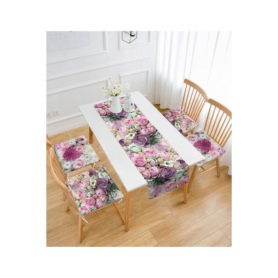 Набор подушек для стула с цифровой печатью Rose Design / 4 квадратных подушки для стула 40 × 40 см и 1 бегун