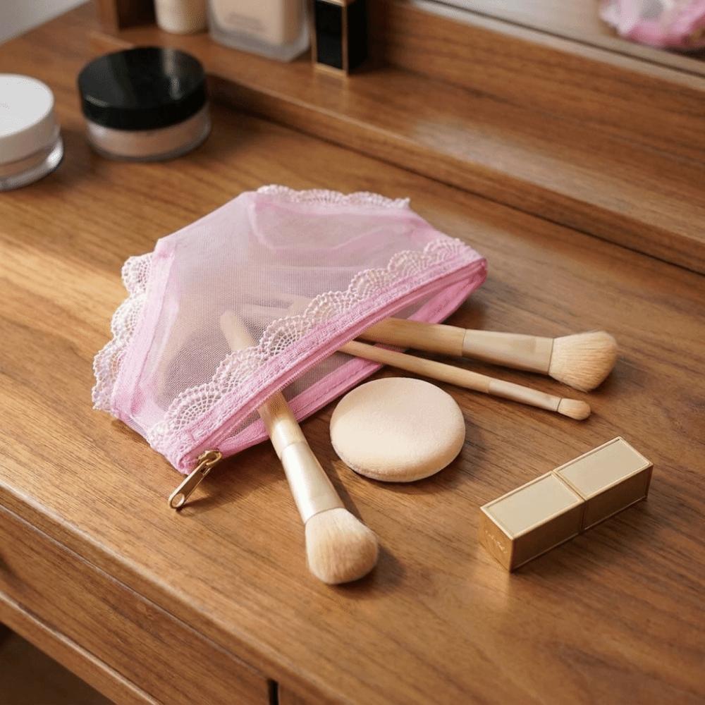 Korean Style Mesh Toiletry Bag Lace Trim Makeup Storage Pouch Jewelry Organizer for Travel