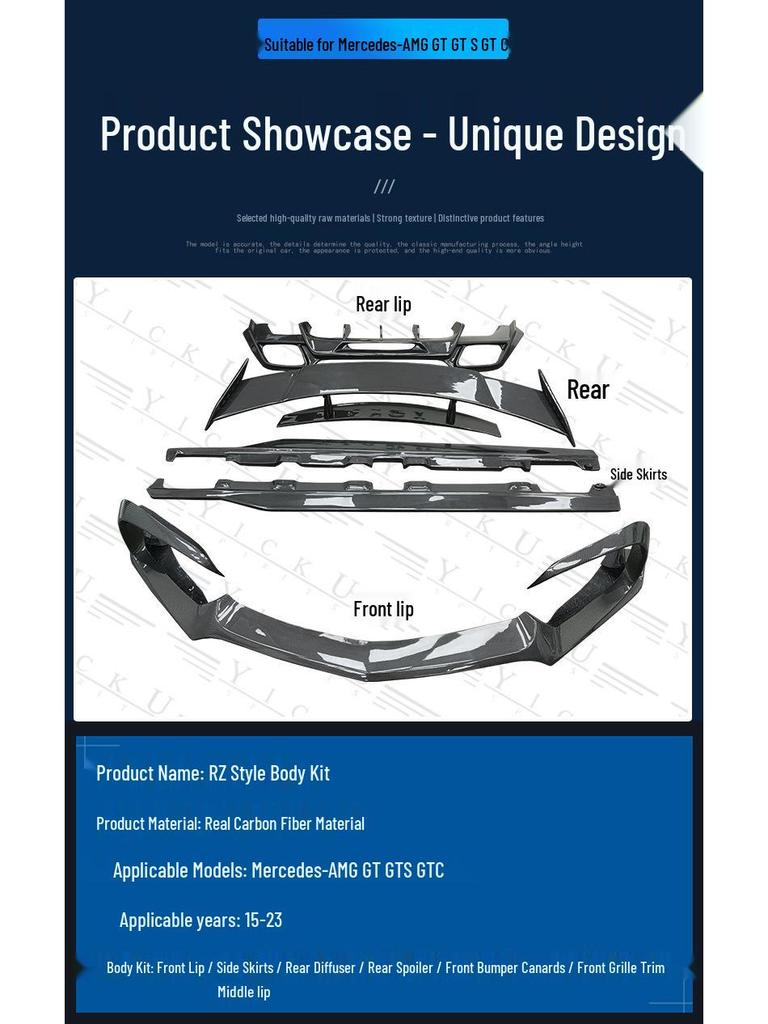 Mercedes AMG GT/GTS/GTC Carbon Fiber Body Kit: Front Lip, Rear Lip, Side Skirts, Rear Spoiler, Wind Deflectors.