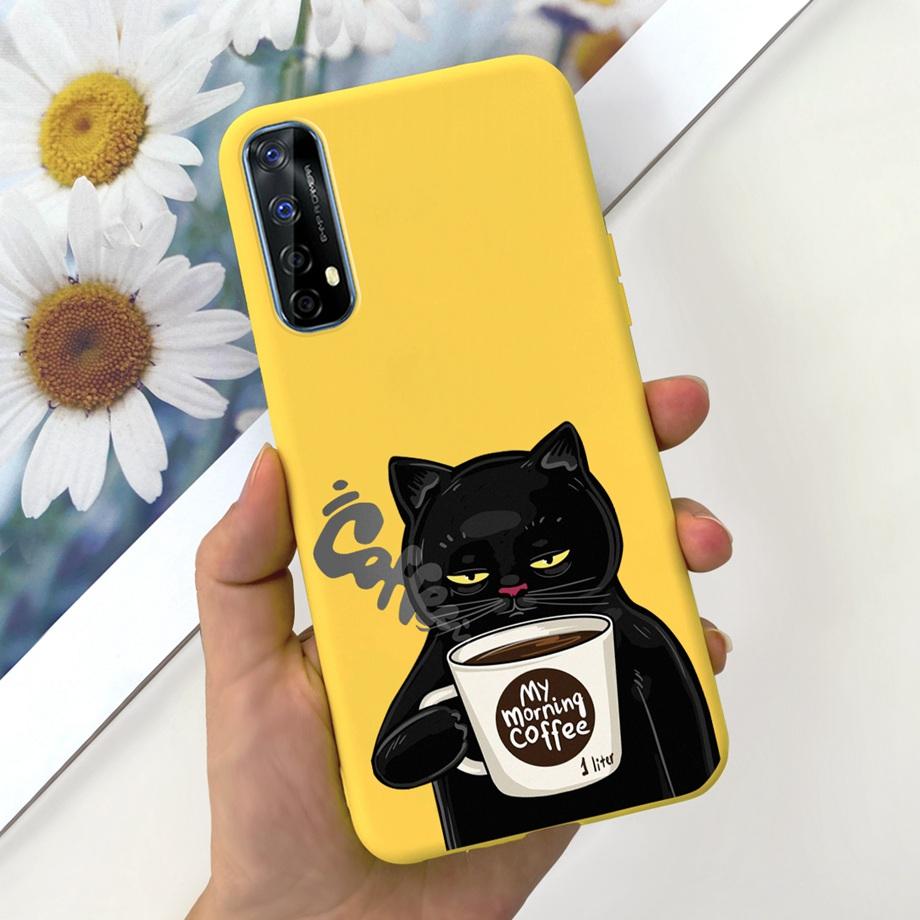 For Realme 7 4G Global Version Case Matte Liquid Silicone Bumper Shell For Realme7 RMX2155 Back Cover Lovely Cat Design Fundas