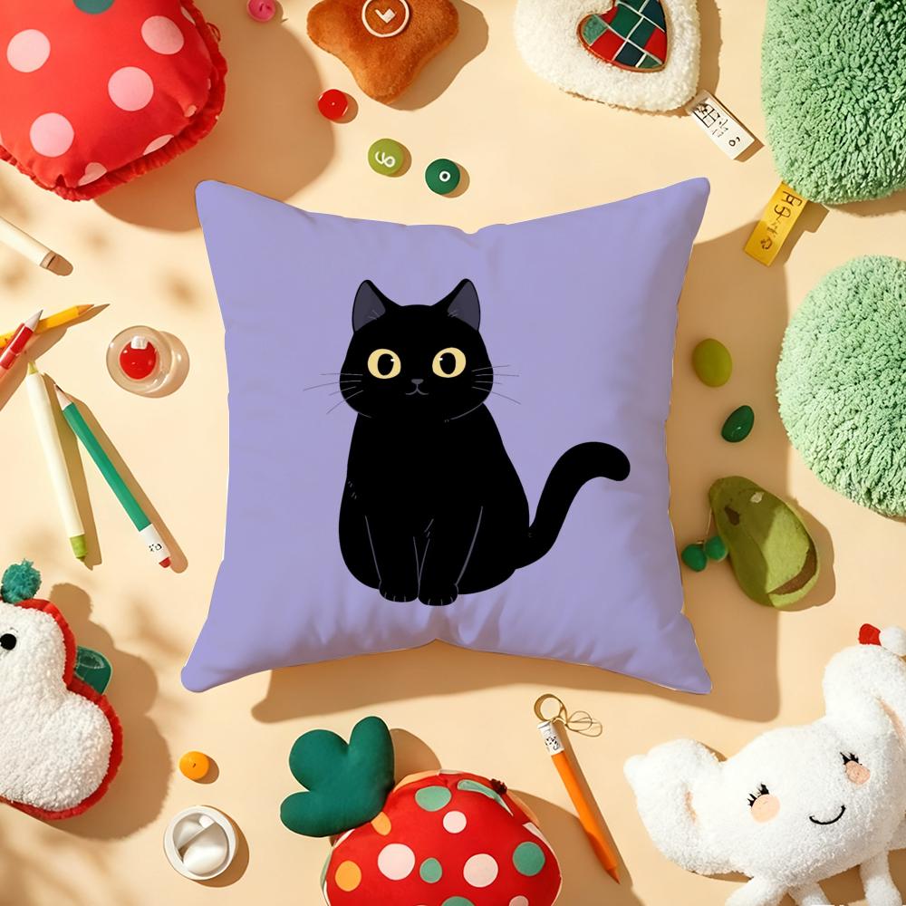 Little Black Cat Cushion Cover Soft Short Plush DoubleSided Printing Home Decor Machine Washable Pillow Case Gift