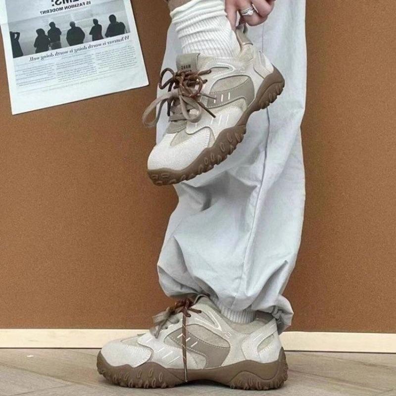 Fashion Women's Flat Sports Shoes Autumn New Round Head Splicing Front Lacing Soft Sole Anti-slip Wear-resistant Low-top Single Shoes