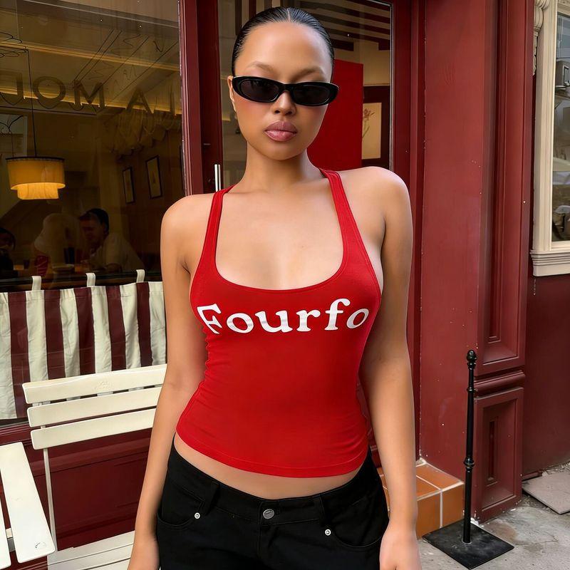 American Street Style Retro Letter Print Low-Cut Racerback Tank Top, Fashionable and Versatile Short Top for Hot Girls