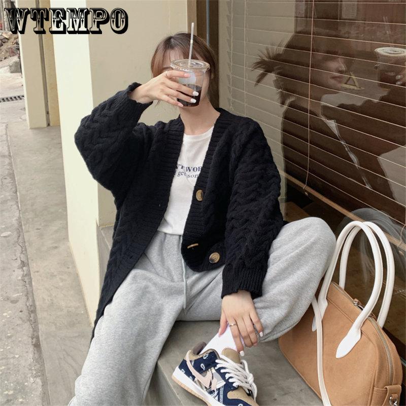 WTEMPO Женские длинные вязаные свитера, кардиганы, осенние женские повседневные топы большого размера с длинным рукавом, толстые однотонные свободные пальто