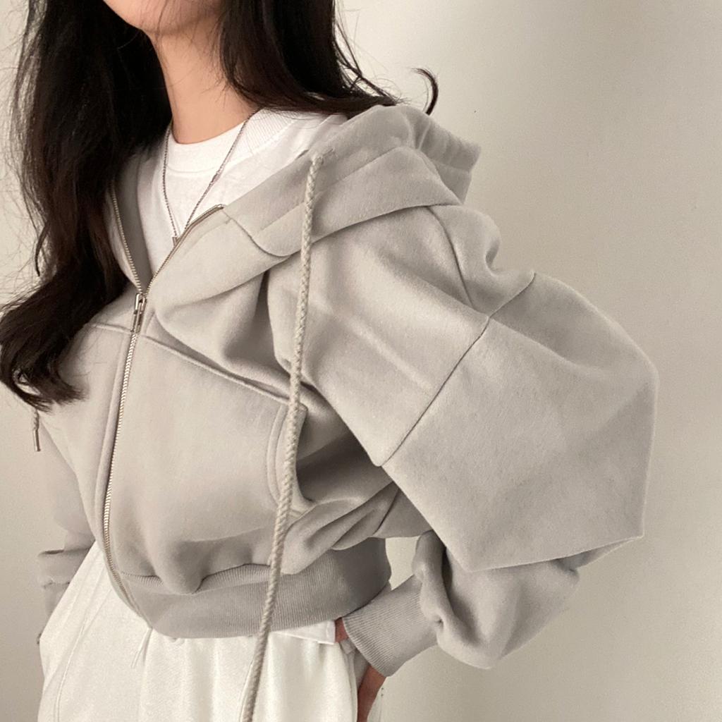 Casual Hood Sweatshirt Women Zip Up Hoodies Solid Harajuku Long Sleeve Shirt Oversized Crop Tops Female Loose Jackets Coat