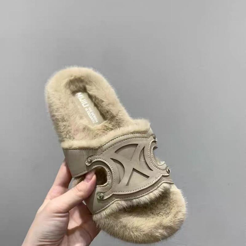 Woman Faux Wool Insole Flat Slippers Round Head Open Toe Slingback Indoor Slipper 2024 Women Winter Female Plush Fur Slippers