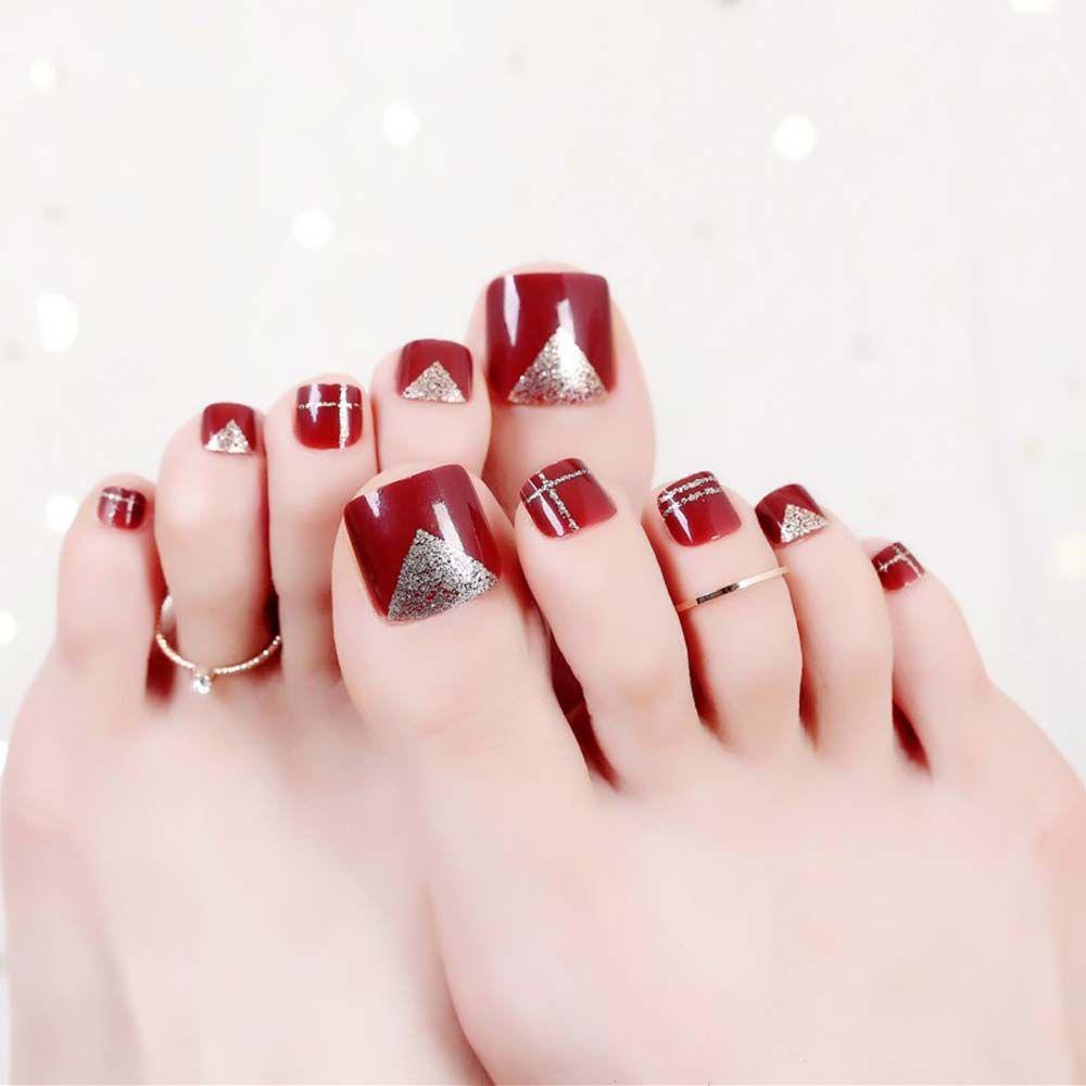Glue Feet Nails Short Nails Patch Fake Toe Nails Gold Powder False Toenails Full Cover False Nails