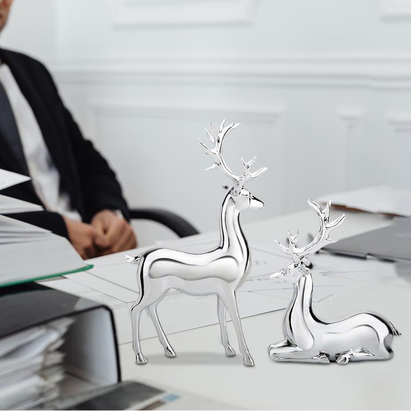 Silver Deer 2PCS Electroplated Silver Deer Figurine Handicraft Piece Resin Sculpture Christmas Center Table Decorations For