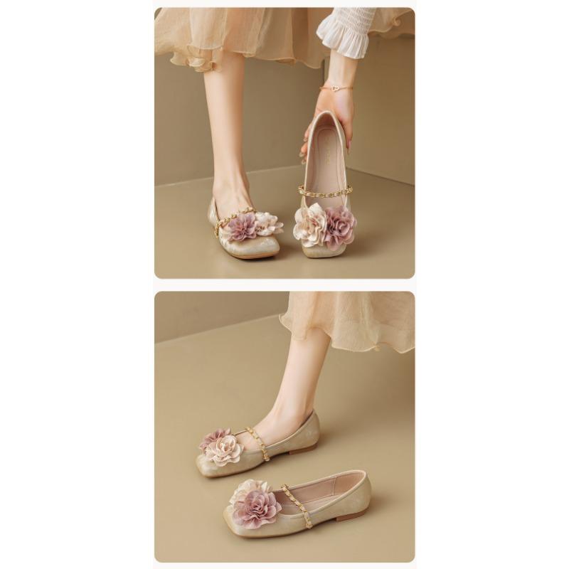 Квадратная голова одинарный ботинок женщина плоская линия рта с цветами Французская фея стиль бабушки обувь женщина