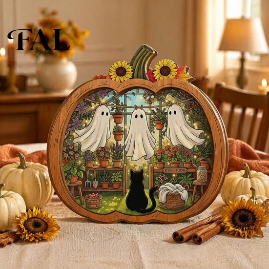Whimsical Ghost Book Nook Halloween Wooden Tabletop Ornament, 2D Flat Cute Reading Bathing Fall Harvest Home Decoration Watering Plaque with Stand for
