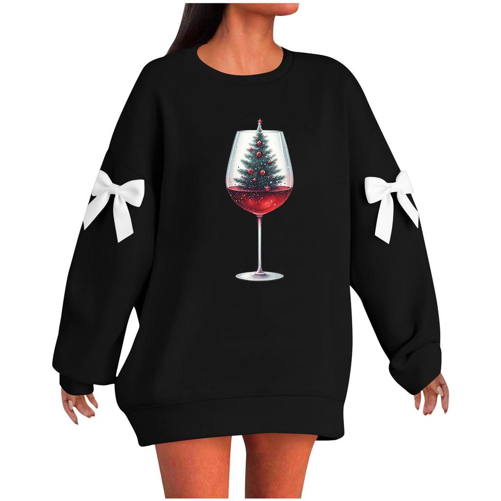 Ladies' Christmas Printed Bow Round Neck Long Sleeved Loose Pullover Sweater Sweatshirt Top