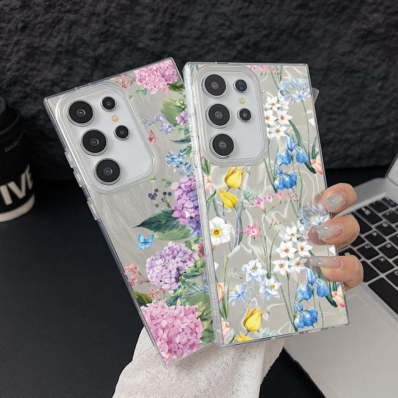 Тонкий чехол для телефона с цветочным узором и перьями для Samsung S25 Ultra S24 FE S23 A56 A36 A16 A55 TPU, ударопрочный, с мягким краем, блестящий, жесткий, из поликарбоната, задняя крышка