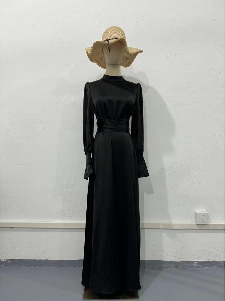 2025 Весна Атласное Элегантное Женское Платье с Длинными Рукавами и Талией