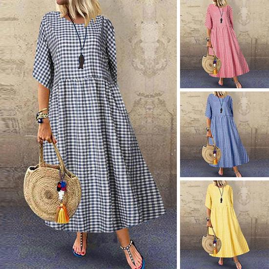 Summer Women Dress O Neck Check Print A-line Big Hem Short Sleeves Pleated Loose Pullover Commute Dating Maxi Dress Daily Long Dress