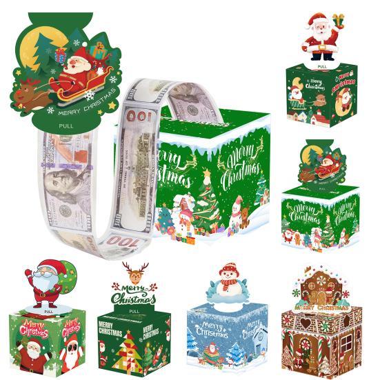 Christmas Money Box for Cash Gift Pull Surprise Money Holder with Snowman/Tree/Santa Card And 50 Pcs Transparent Bags for Home Party Favors