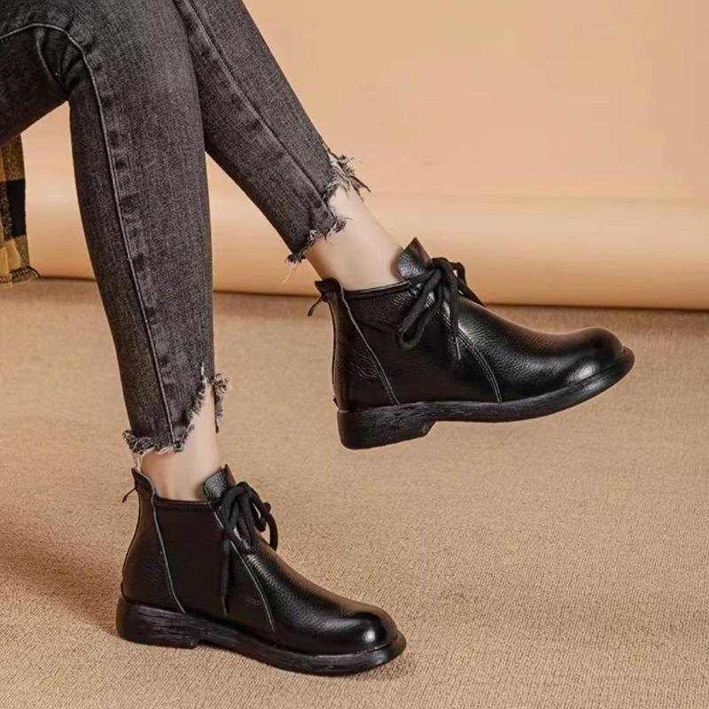 Натуральная кожа Удобные плоские короткие ботинки Мягкая поверхность Мягкая подошва Удобные Универсальные женские кожаные ботинки Воловья кожа Нескользящие ботинки 35-41