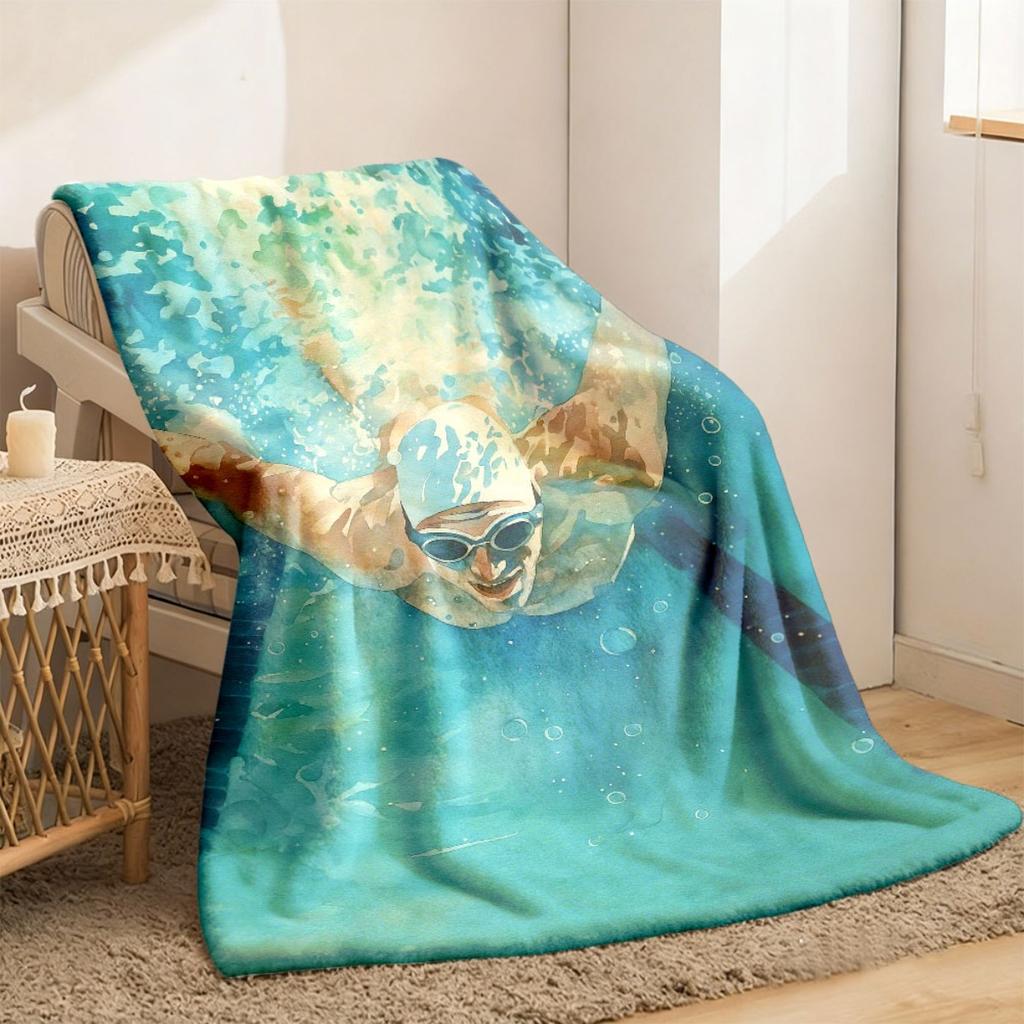 Swimming Print Flannel Throw Blanket Soft Polyester Asian Style Digital Print All-Season Multipurpose for Home Picnic Camping Car