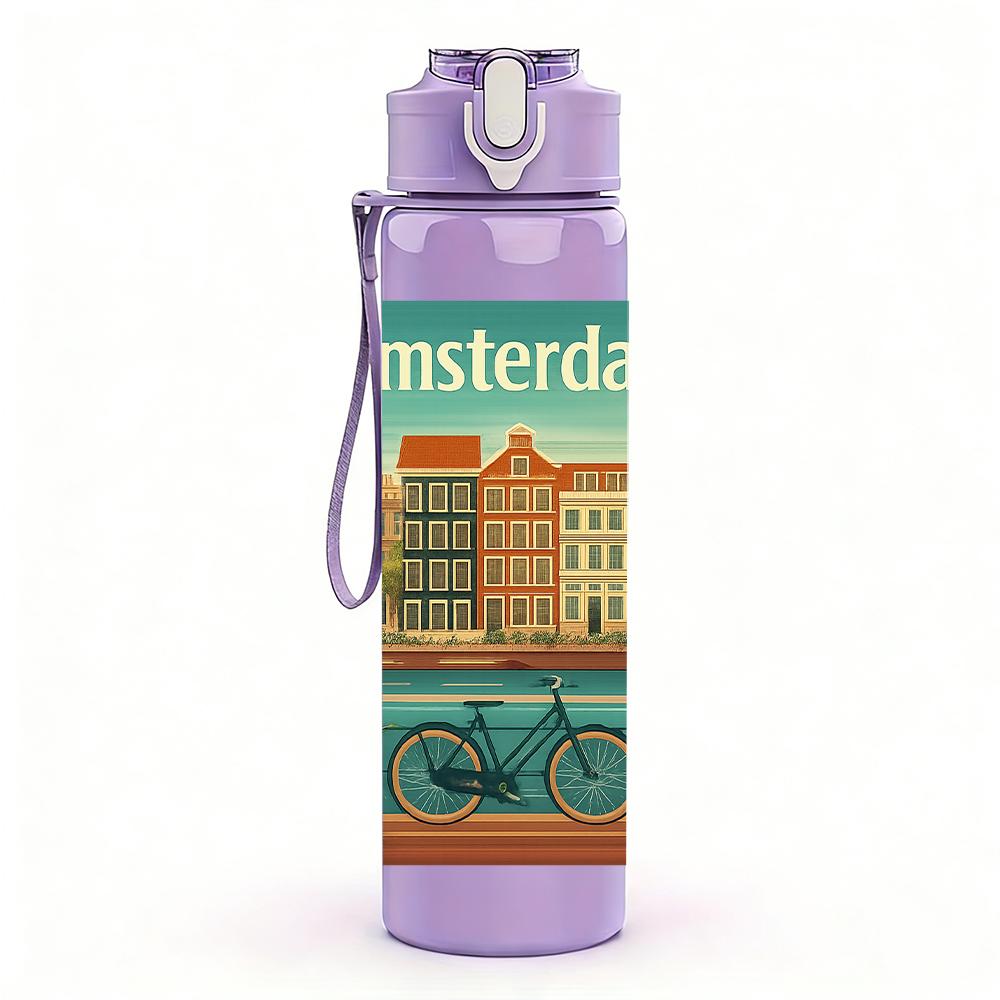 1PC Amsterdam Vintage Building 750ml Color Plastic Sports Water Bottle Leakproof Flip Straw Lid For Sports Office Home Use