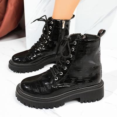 Модные лакированные ботильоны на толстой подошве, женские модные ботинки на шнуровке и молнии, черные ботинки на платформе, женская удобная обувь больших размеров, мотоциклетные ботинки