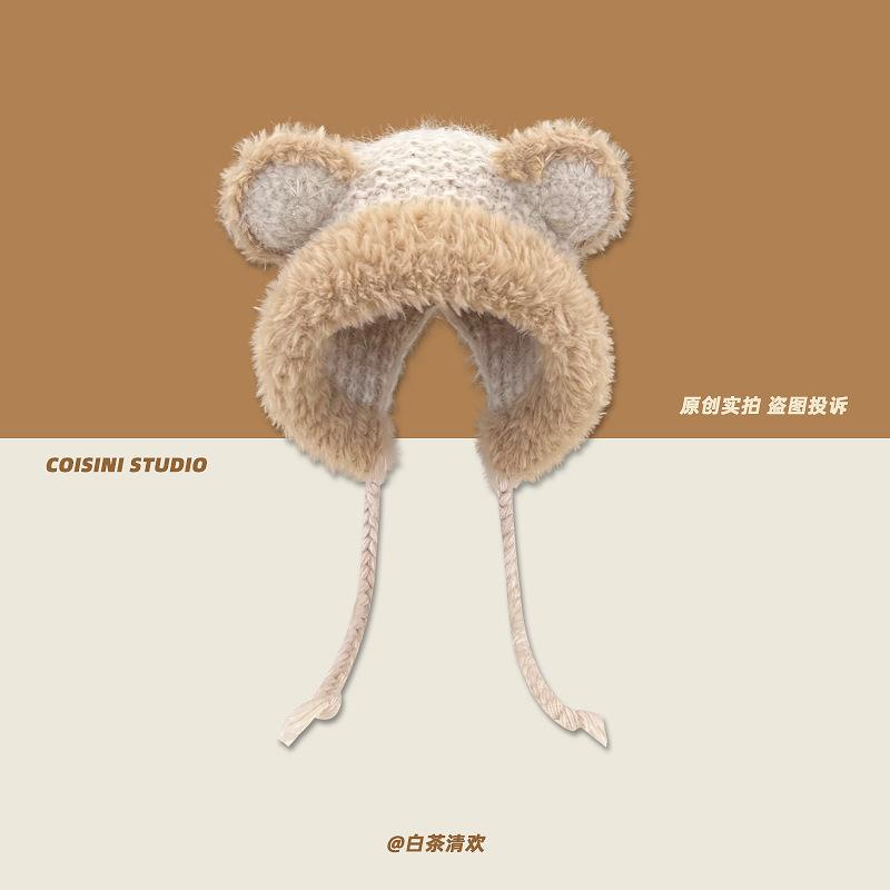 2025 new cute bear ears burr edge knitted wool hat children's warm versatile student ear hat