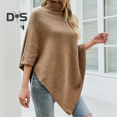 Женский свитер с высоким воротником, однотонный, в стиле накидки, свитер, пальто, украшение на пуговицы, свободный крой, повседневный, для поездок на работу, вязаный топ