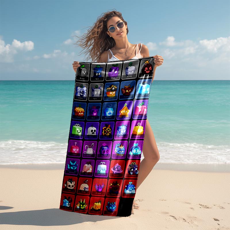 Пляжное полотенце с рисунком игры Blox Fruits - мягкое, впитывающее, можно стирать в машине. Легкое и современное, для плавания, незаменимо в путешествиях