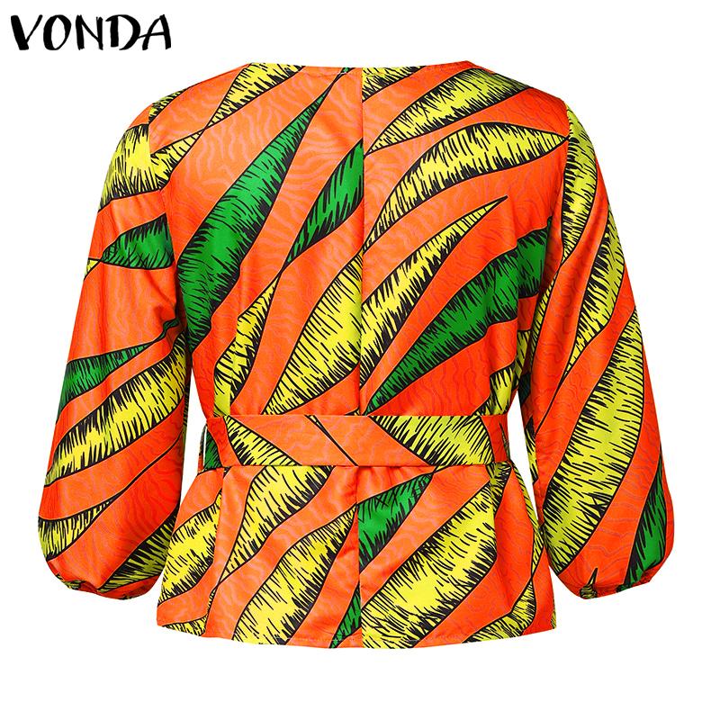 VONDA Женская летняя свободная блузка большого размера с круглым вырезом и девятиточечным пышным рукавом с геометрическим узором и принтом