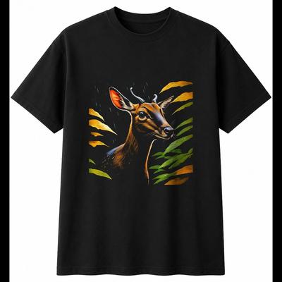 Botanical Muntjac In the Rain Wildlife Mens T-Shirt Black 100% Cotton Printed