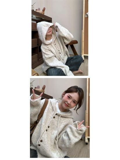 Women's Korean Style Thick Hooded Cardigan - Loose, Soft Knit for Autumn/Winter