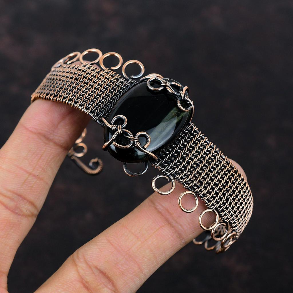 Браслет-манжета из неллита, обмотанный медной проволокой, с драгоценным камнем, регулируемый браслет-манжета, браслет-манжета ручной работы, украшение из медной проволоки с неллитом, подарок для жены