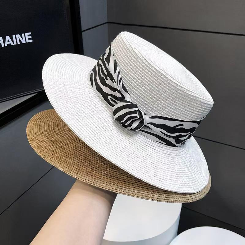 Internet celebrity flat top hat women's summer French retro fashion trend sun hat outdoor vacation elegant sun hat