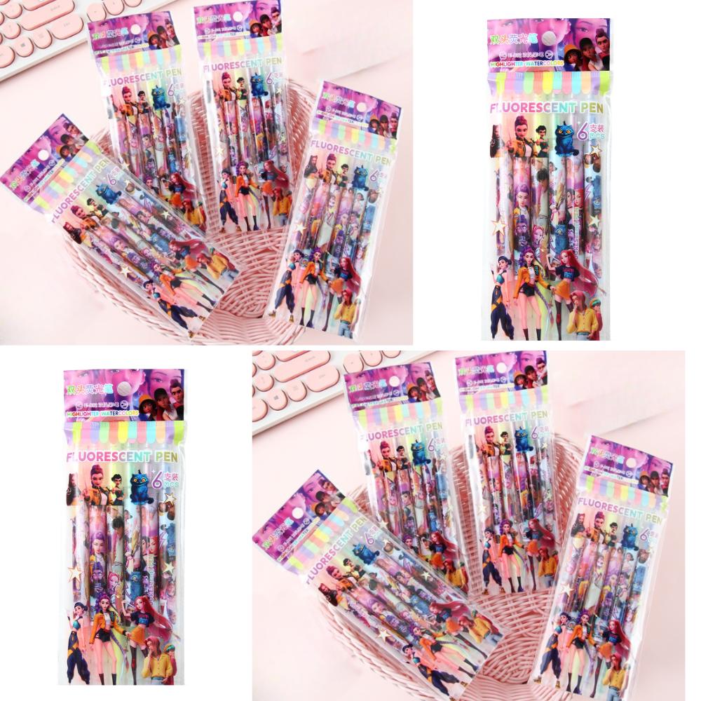 K-Pop Demon Hunter Girls Dual-Tip Fluorescent Marker, Cartoon Highlighter Pen, Journal Doodling Pen, Note-Taking Stationery Pen