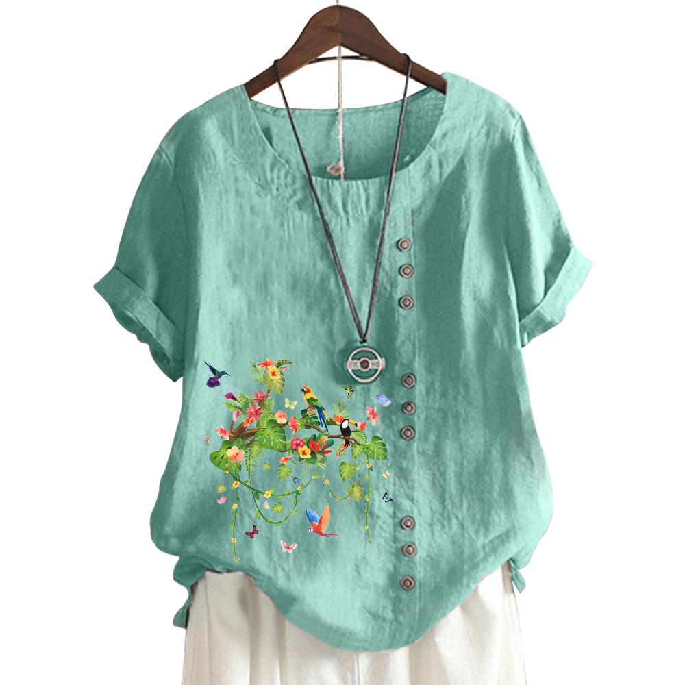 Fashionable Women's Cotton Short Sleeve Top with 11 Colorful Floral Prints and Round Neck