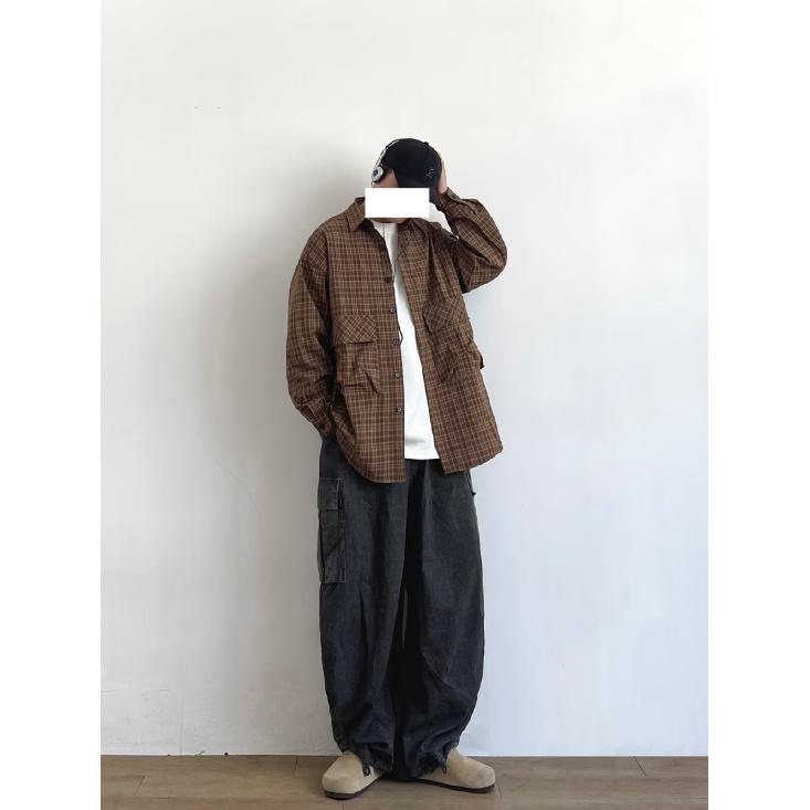 Рубашка в японском стиле в стиле ретро с большим карманом, с длинными рукавами, для мужчин и женщин, винтажная, с несколькими карманами, контрастного цвета, для пары, рубашка, пальто