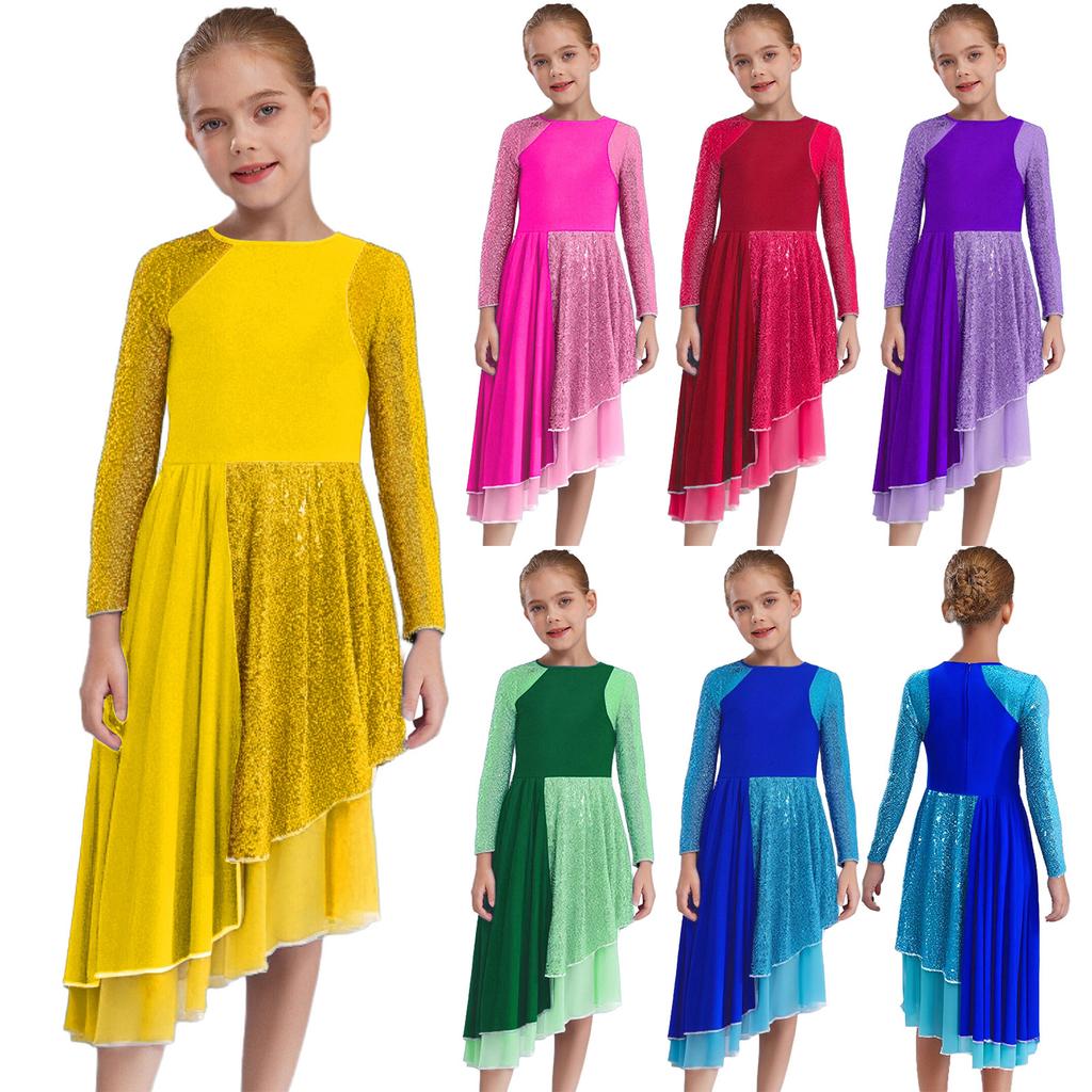 Girls Praise Dance Dress Long Sleeve Round Neck Design with Sparkling Sequins Color Block Asymmetrical Robe